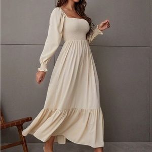 Square Neck Shirred Ruffle Hem Dress